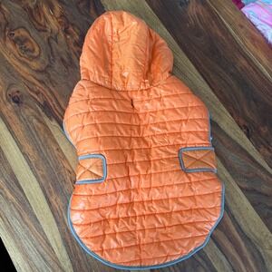 Bright Orange Quilted Puffer Dog Coat with Hood and Grey Terry Lining Adjustable
